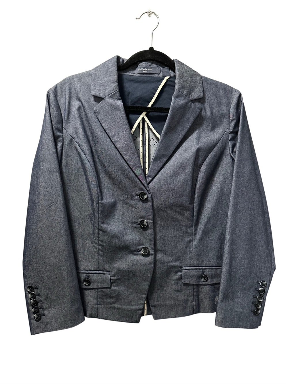 Liz Claiborne Blue Gray Denim Tailored Blazer Women’s 12 Tailored Career Jacket